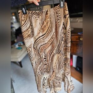 Cache Silk Vintage Elegant Brown Animal Beaded Patterned Asymetrical Skirt - Sz8